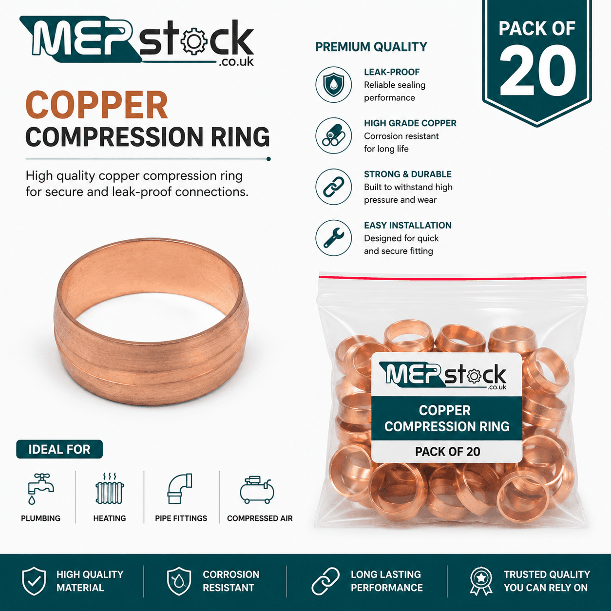 Copper Compression Olives Plumbing Pipe Fitting Inserts (Pack of 20)