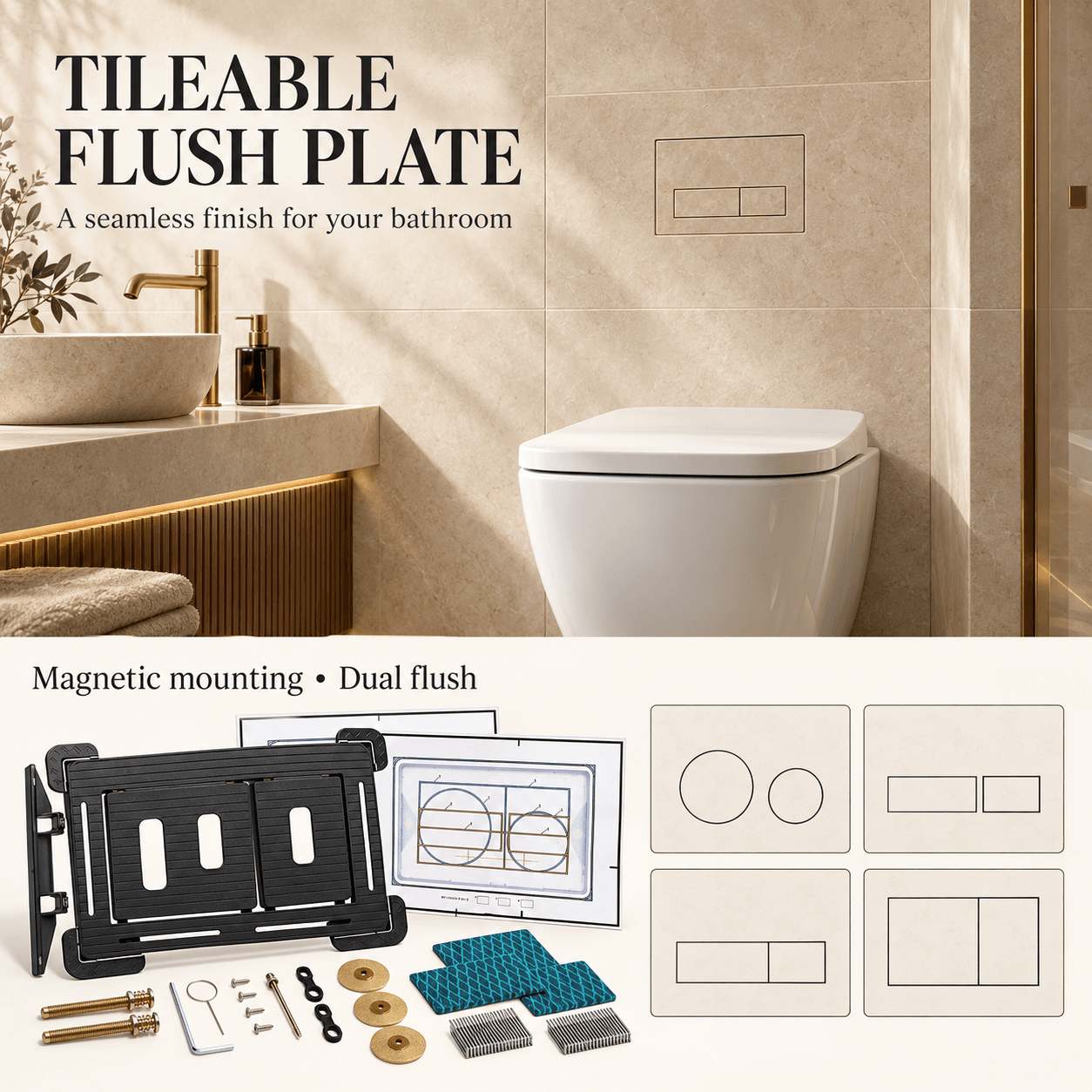 MEP Stock Tileable Flush Plate, Hidden Dual Flush Actuator Plate for Concealed Toilet Cistern - MEPSTOCK