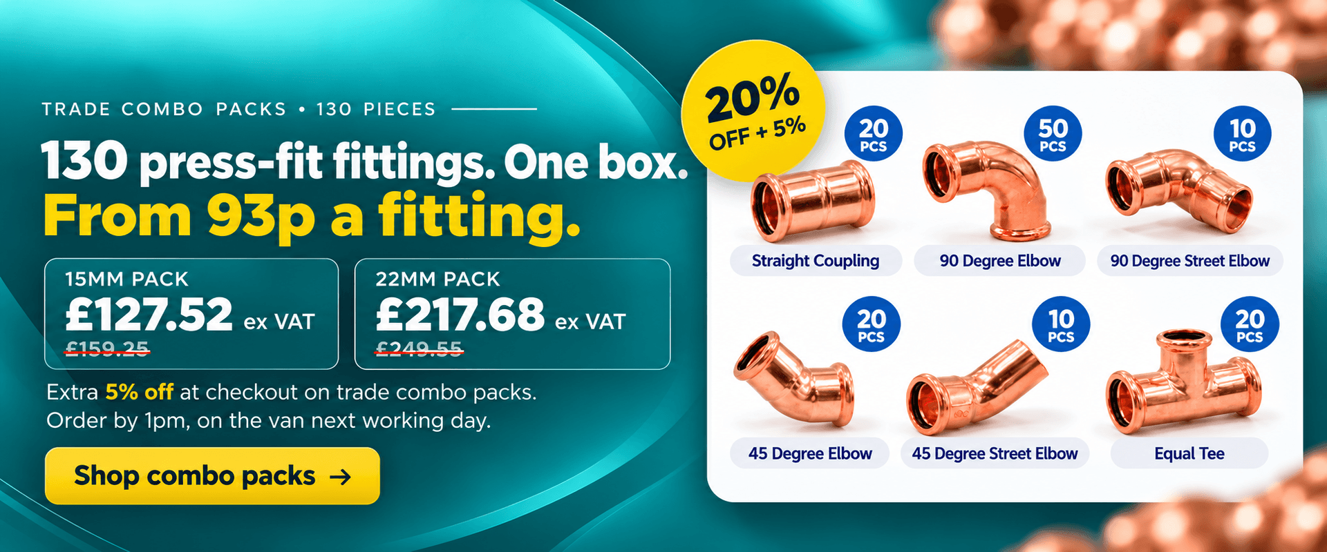 130 PRESS-FIT FITTINGS. ONE BOX. FROM 93P A FITTING