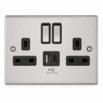 13A Double Switched Socket with Twin USB Brushed Stainless Steel Black Insert | M2 Decorative