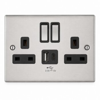 13A Double Switched Socket with Twin USB Brushed Stainless Steel Black Insert | M2 Decorative